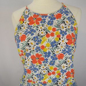 CHAPS XL Sleeveless Dress with Pockets Halter Neck Floral 100% Cotton Coral Blue